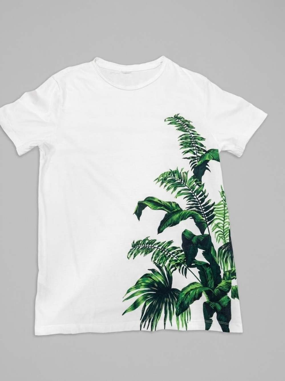 H&M White Tee with Green Tropical Leaf Print